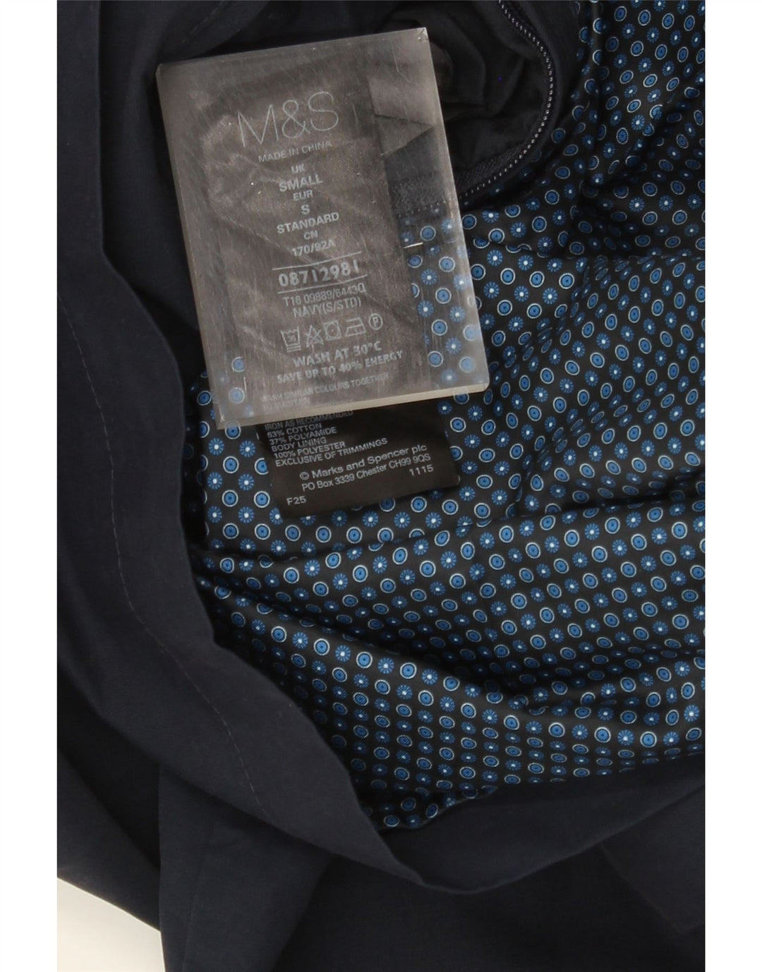 MARKS & SPENCER Giubbotto bomber da uomo UK 36 Piccolo cotone blu navy