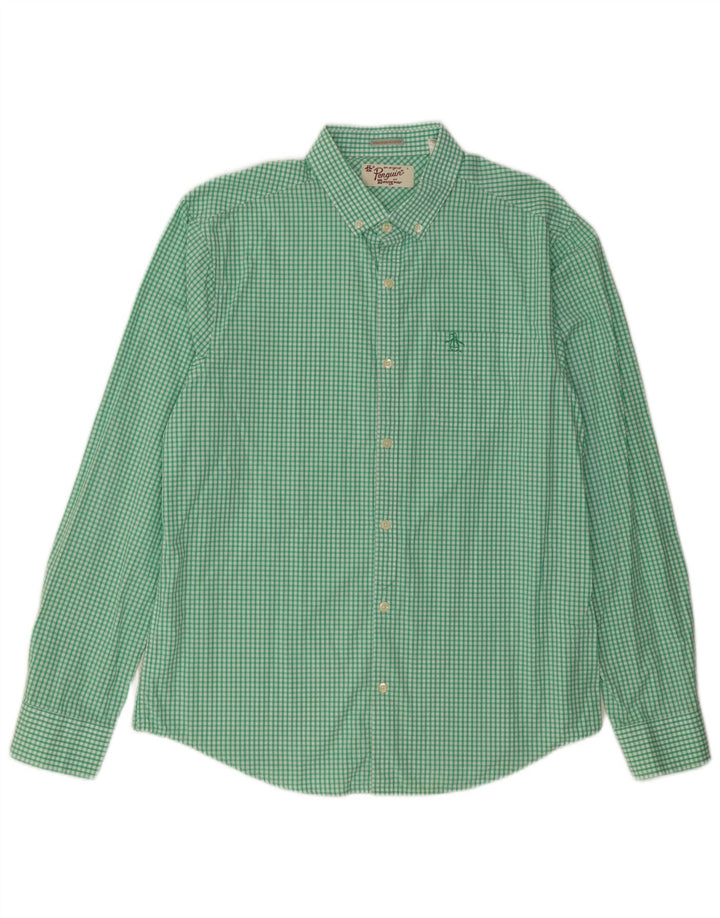 PENGUIN Mens Heritage Slim Fit Shirt Large Green Gingham Cotton