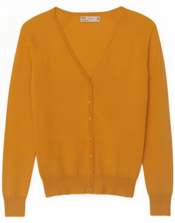 Zara Womens V-Neck Jumper Sweater UK 16 Large Yellow Cotton