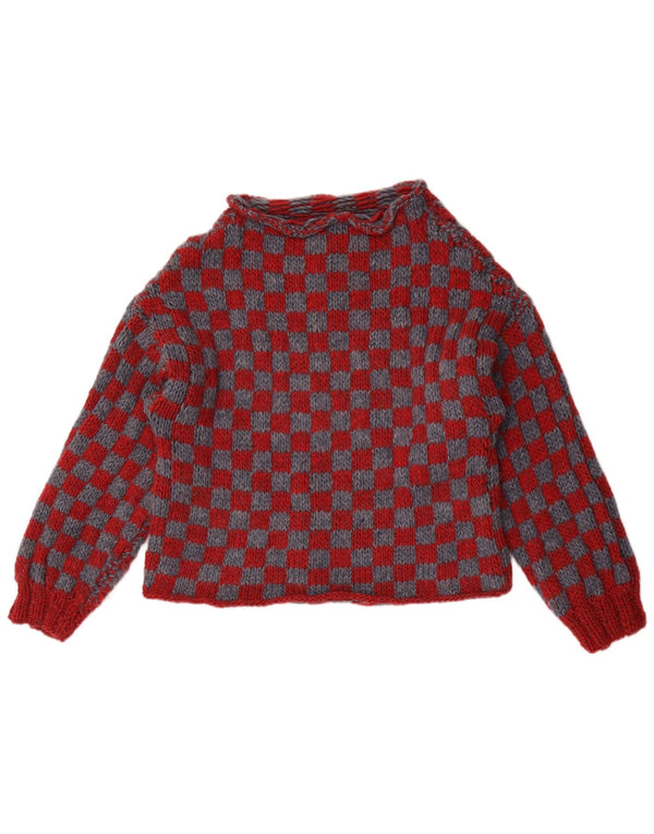 Maglione da donna vintage con scollo a barca UK 14 Borgogna medio geometrico
