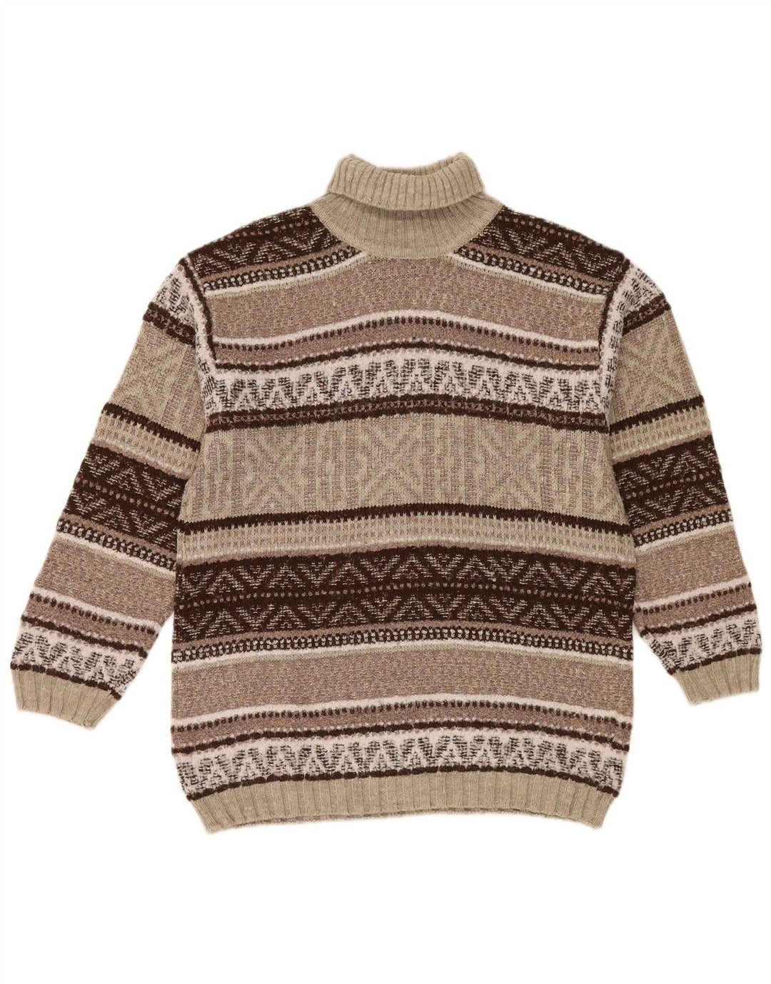 Maglione maglione vintage da uomo con collo alto in lana geometrica marrone medio