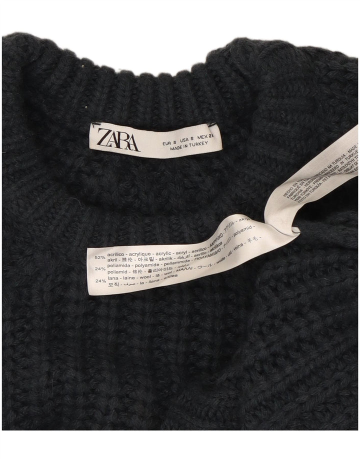 ZARA Womens Crop Oversized Crew Neck Jumper Sweater UK 10 Small Navy Blue
