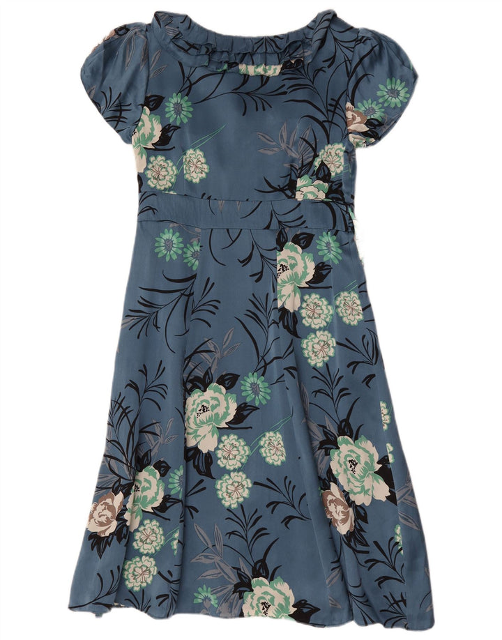 Monsoon Abito da donna a trapezio con volant sul davanti UK 12 Seta floreale blu medio