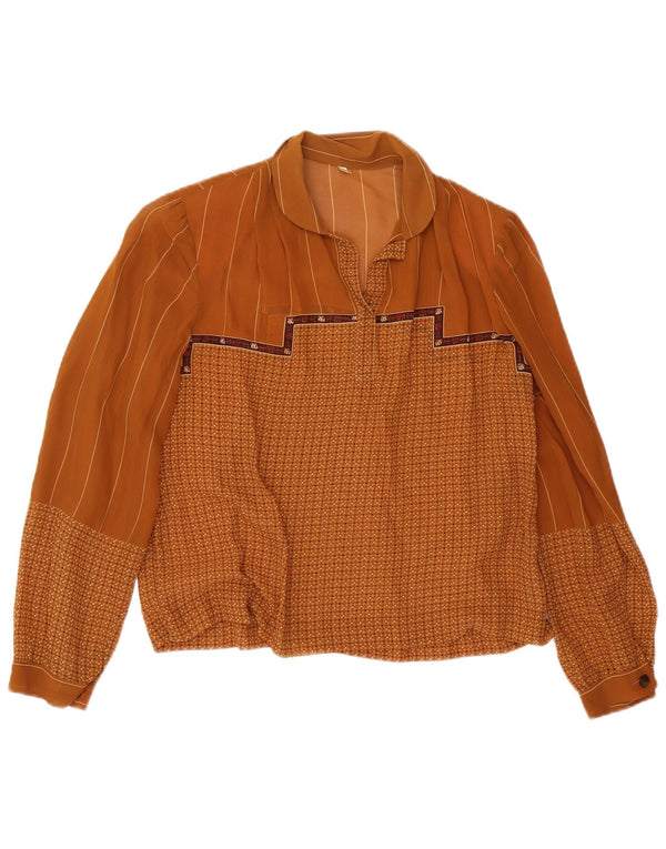 Top camicetta a maniche lunghe da donna vintage IT 48 XL Marrone geometrico