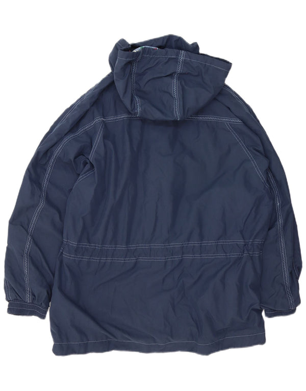 Giacca antipioggia con cappuccio grafica da donna vintage UK 14 grande blu navy floreale