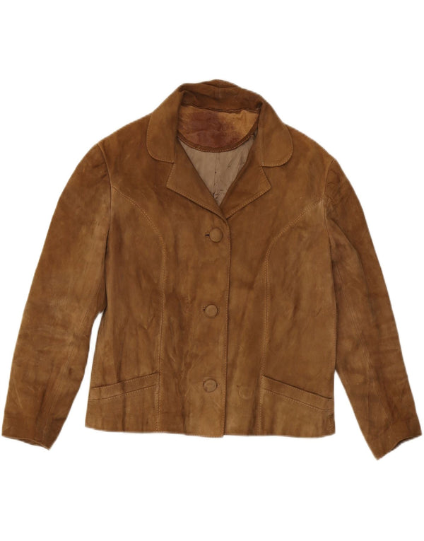 Giacca blazer vintage in pelle scamosciata a 3 bottoni da donna UK 14 Marrone medio