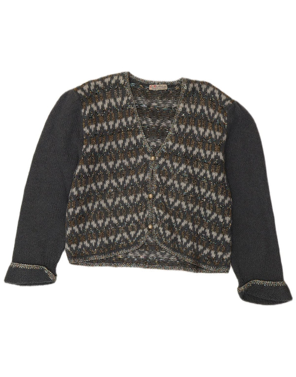 Maglione cardigan da donna vintage UK 14 Mohair geometrico grigio medio