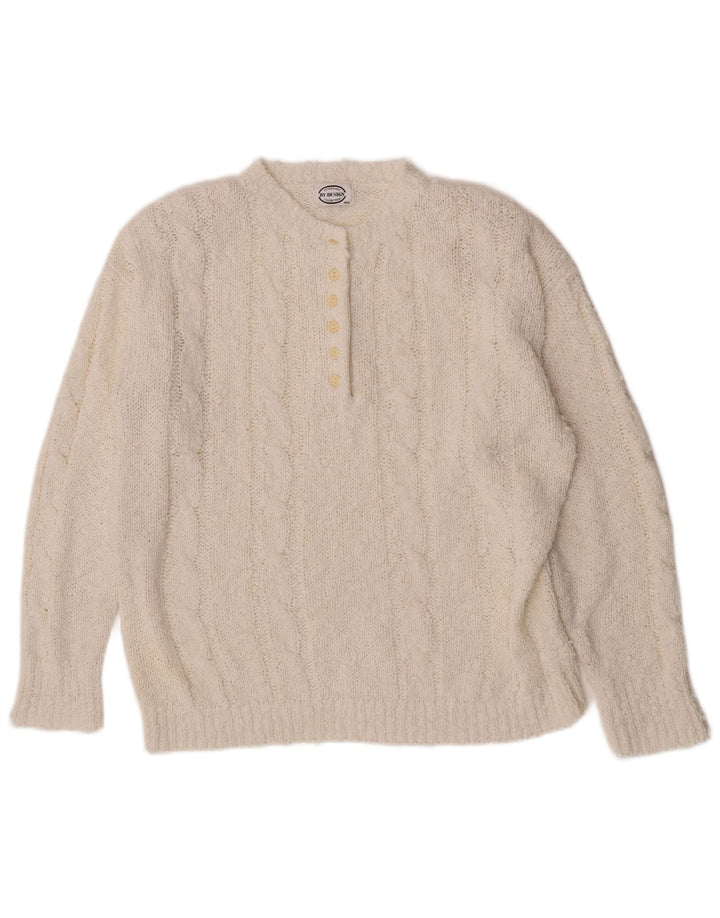 Maglione da donna vintage con collo a bottoni, UK 14, acrilico bianco medio