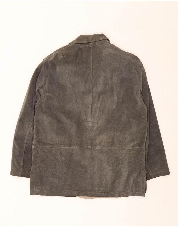 Giacca blazer vintage da donna in pelle scamosciata a 3 bottoni UK 16 grande grigia