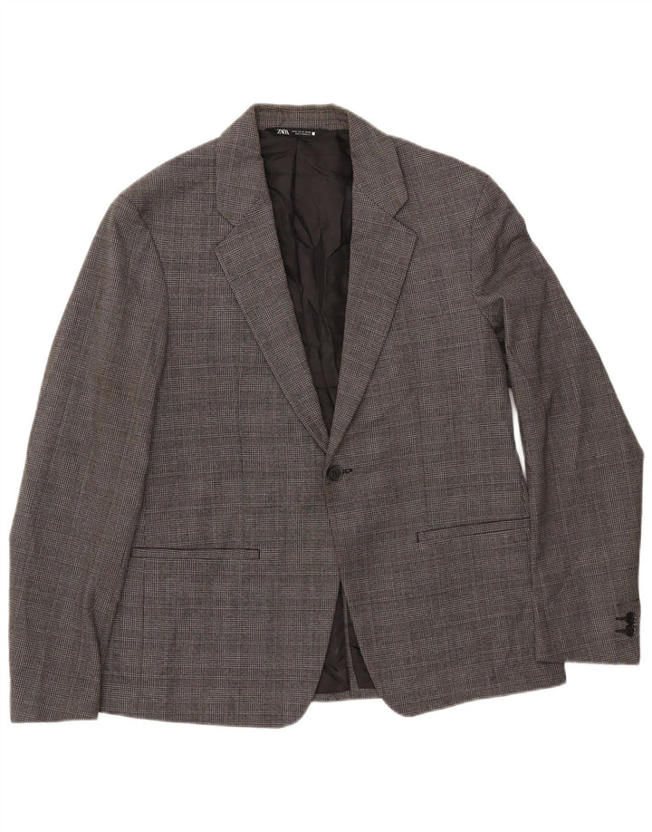 ZARA Giacca Blazer a 1 Bottone da Uomo EU 50 Poliestere Pied De Poule Grigio Medio