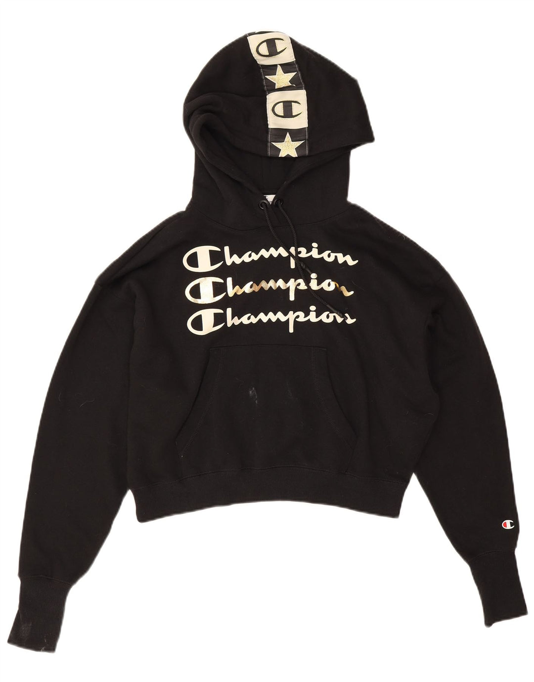 Felpa con cappuccio grafica corta oversize da donna Champion UK 10 piccola nera