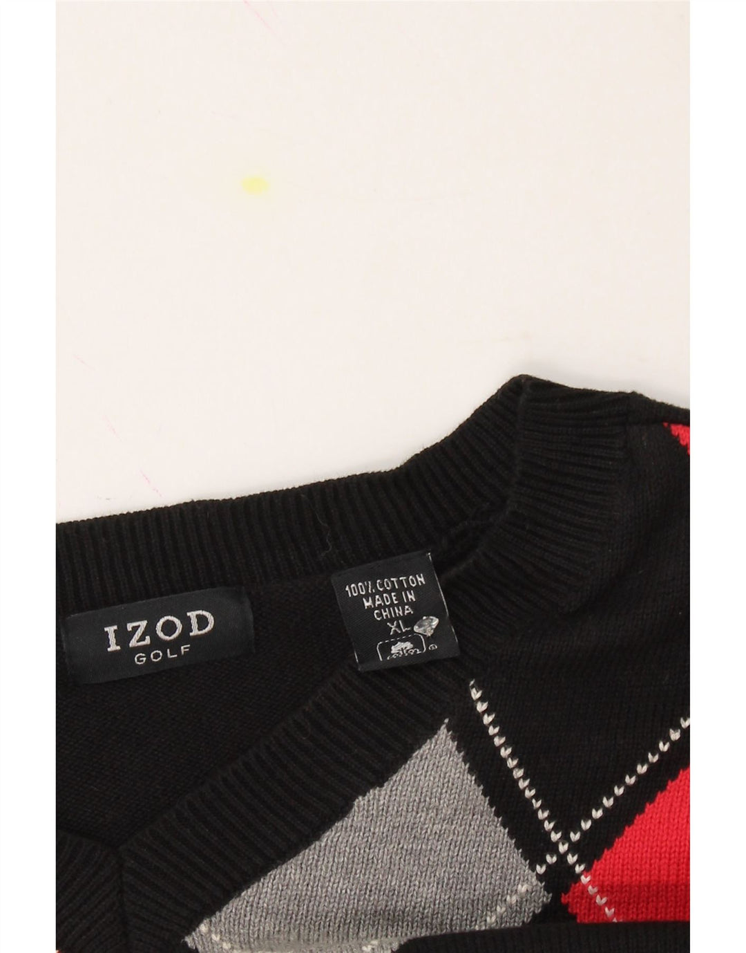 IZOD Mens V-Neck Jumper Sweater XL Black Argyle/Diamond Cotton Vintage Izod and Second-Hand Izod from Messina Hembry 