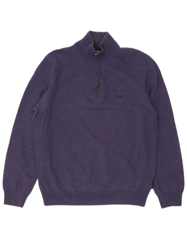 Hugo Boss Maglione da uomo con zip e collo grande in lana vergine blu navy