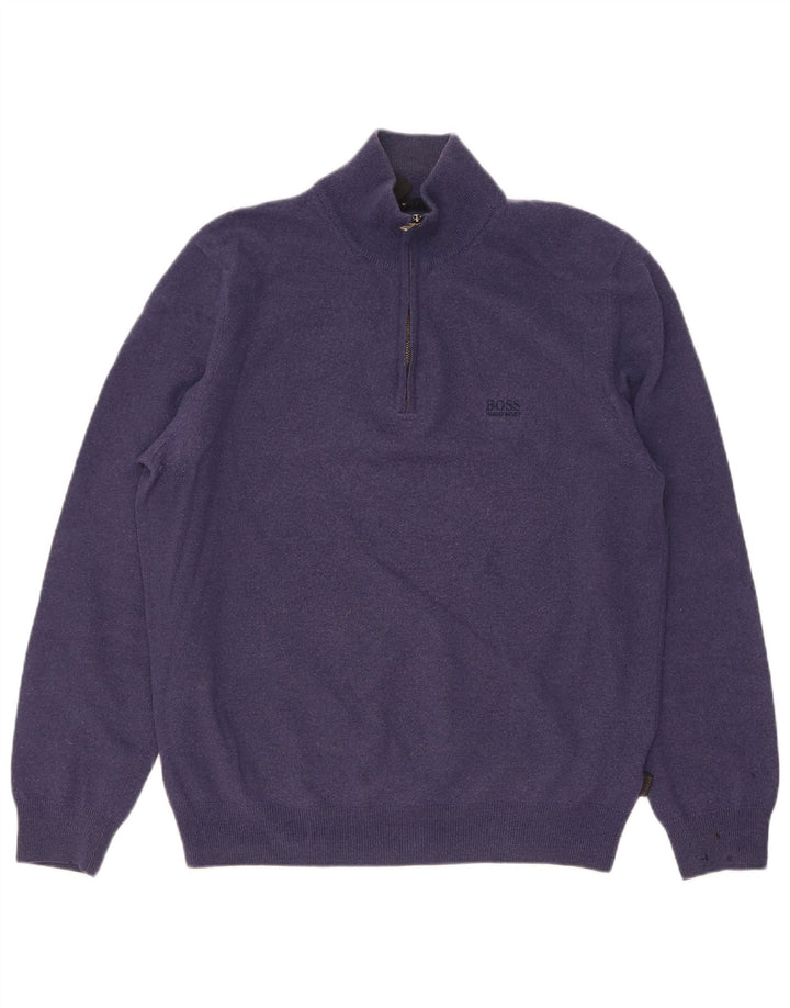 Hugo Boss Maglione da uomo con zip e collo grande in lana vergine blu navy