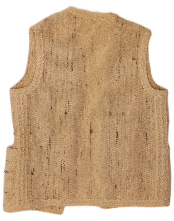 Maglione cardigan aperto senza maniche da donna VINTAGE UK 16 grande beige screziato