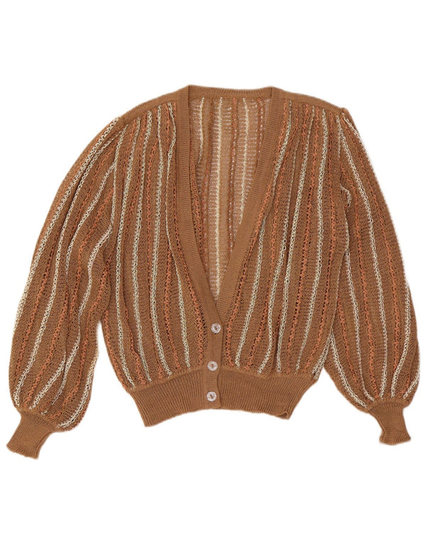 Maglione cardigan da donna vintage UK 16 grandi strisce marroni