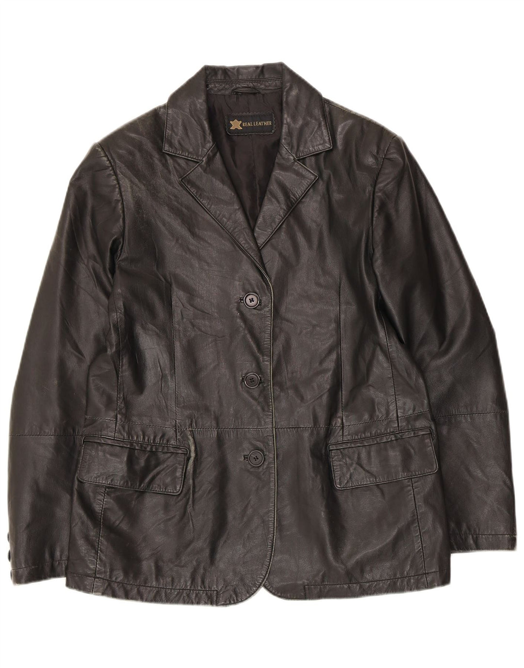 Giacca blazer in pelle vintage da donna a 3 bottoni UK 14 pelle nera media