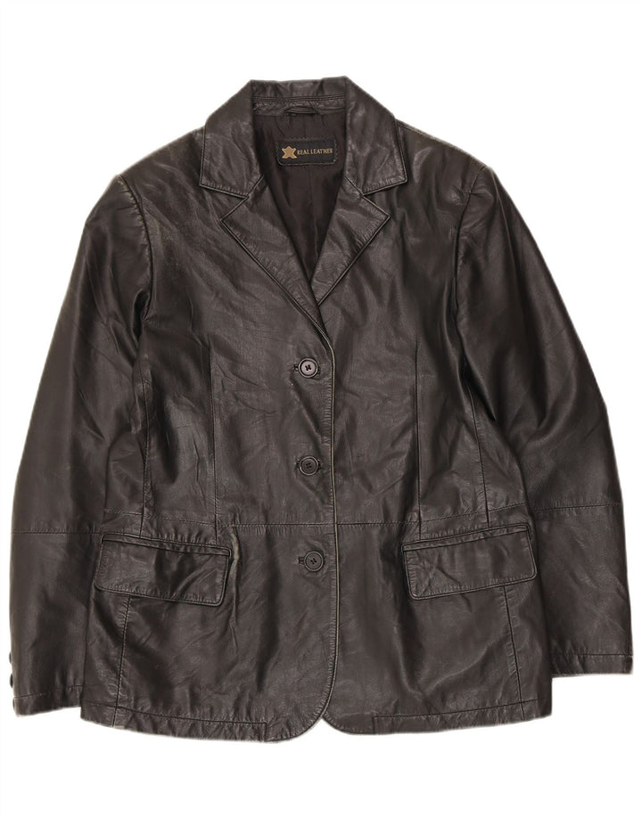Giacca blazer in pelle vintage da donna a 3 bottoni UK 14 pelle nera media