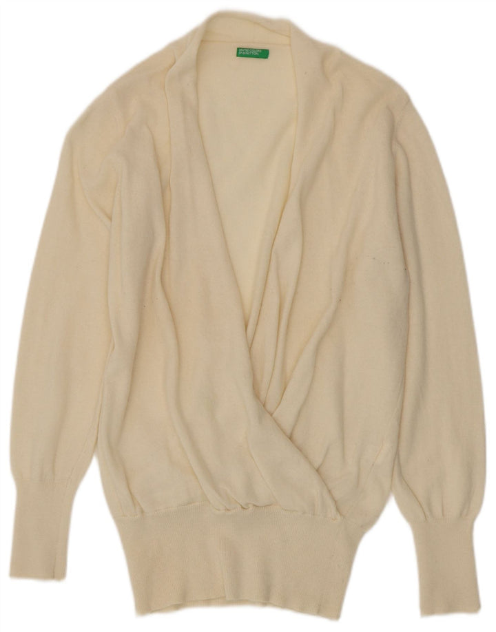 BENETTON Maglione da donna con scollo a V UK 16 Lana grande bianco sporco
