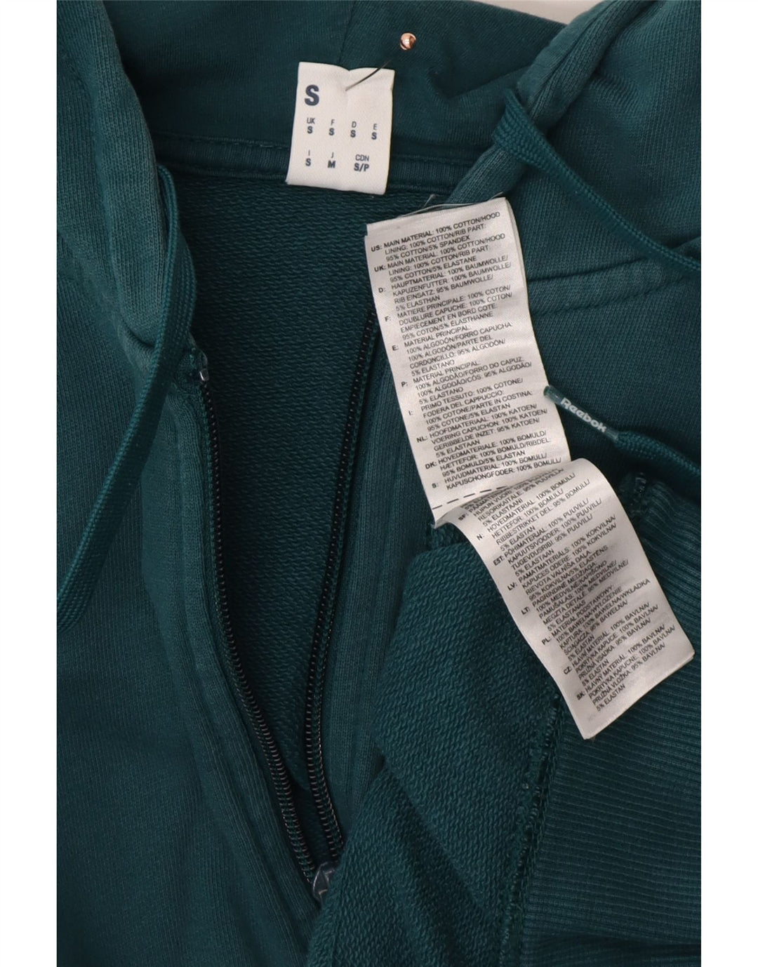 REEBOK Felpa con cappuccio e zip da uomo piccola in cotone verde