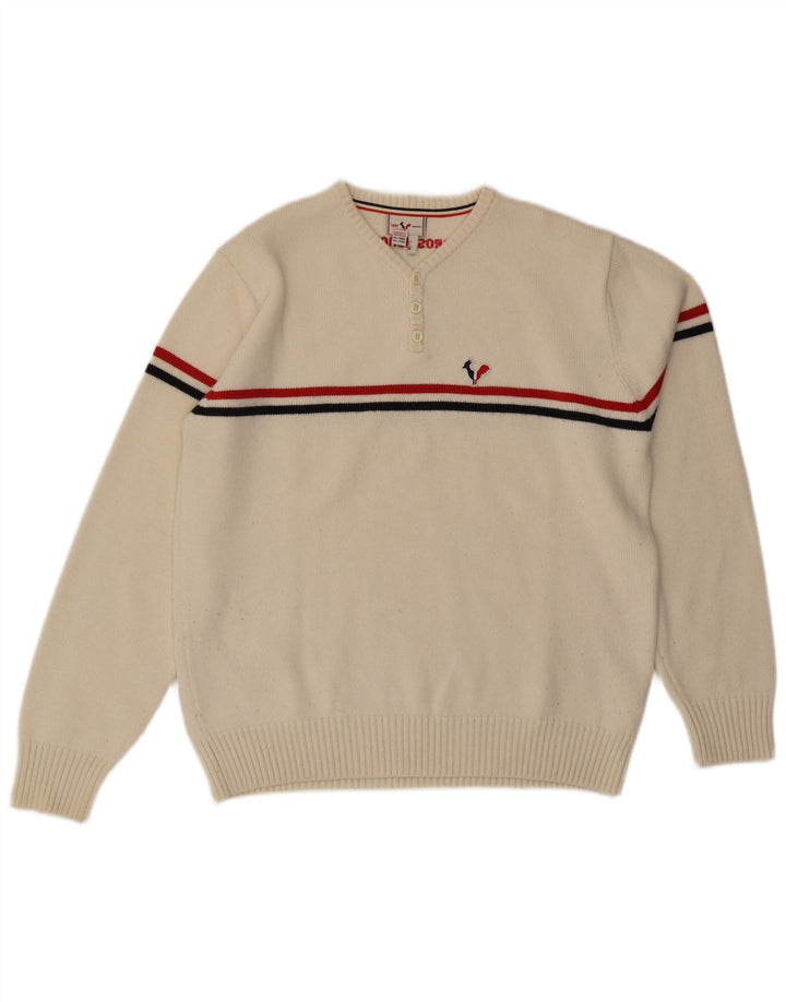 ROSSIGNOL Mens Graphic V-Neck Jumper Sweater Medium Off White Striped
