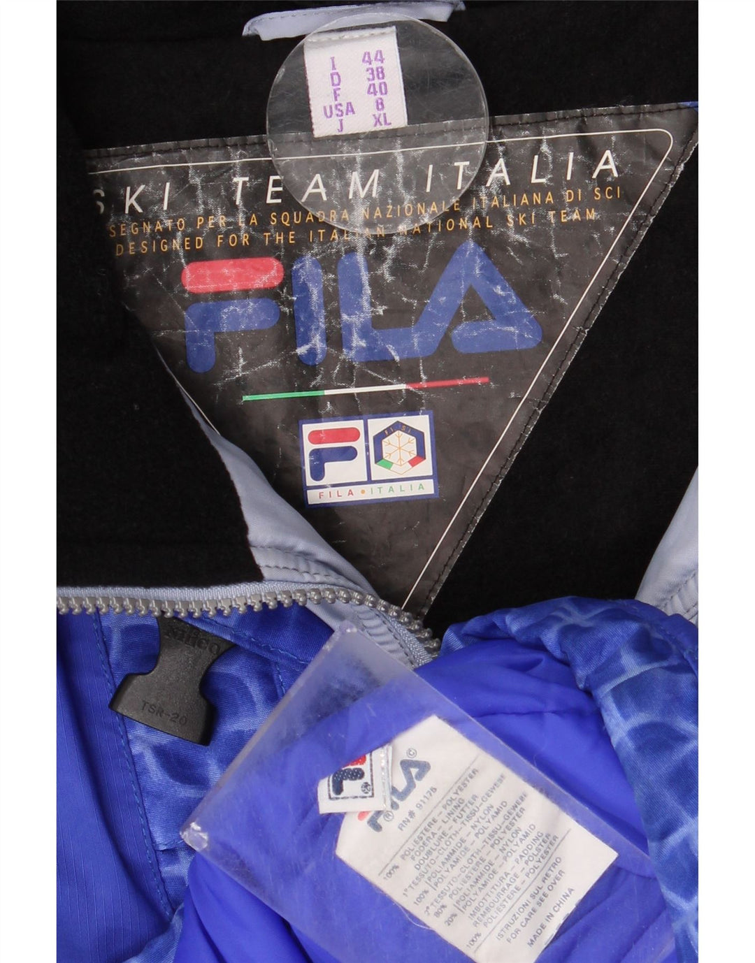 Giacca da sci oversize con cappuccio da donna Fila US 8 blu medio geometrico