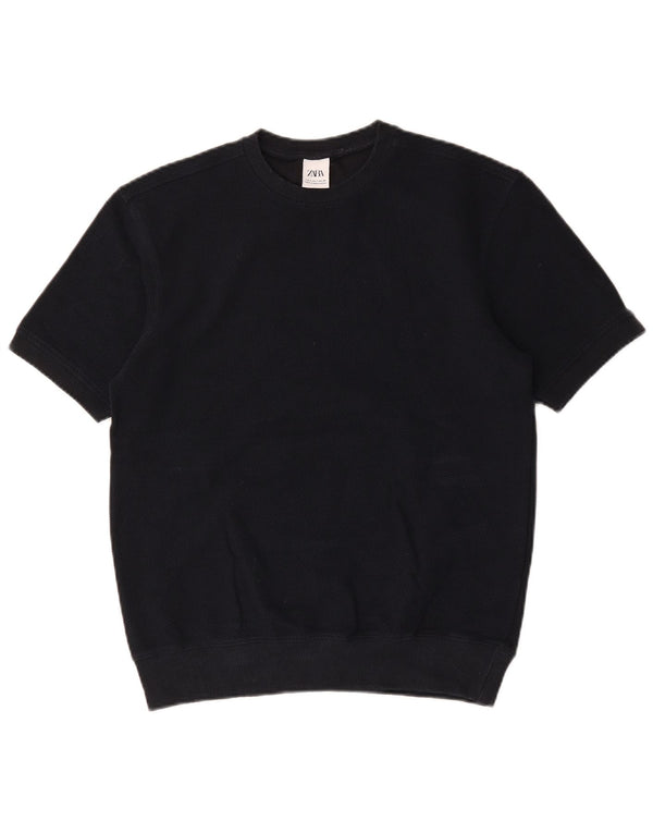 Zara Mens Short Sleeve Crew Neck Jumper Sweater Small Navy Blue Cotton