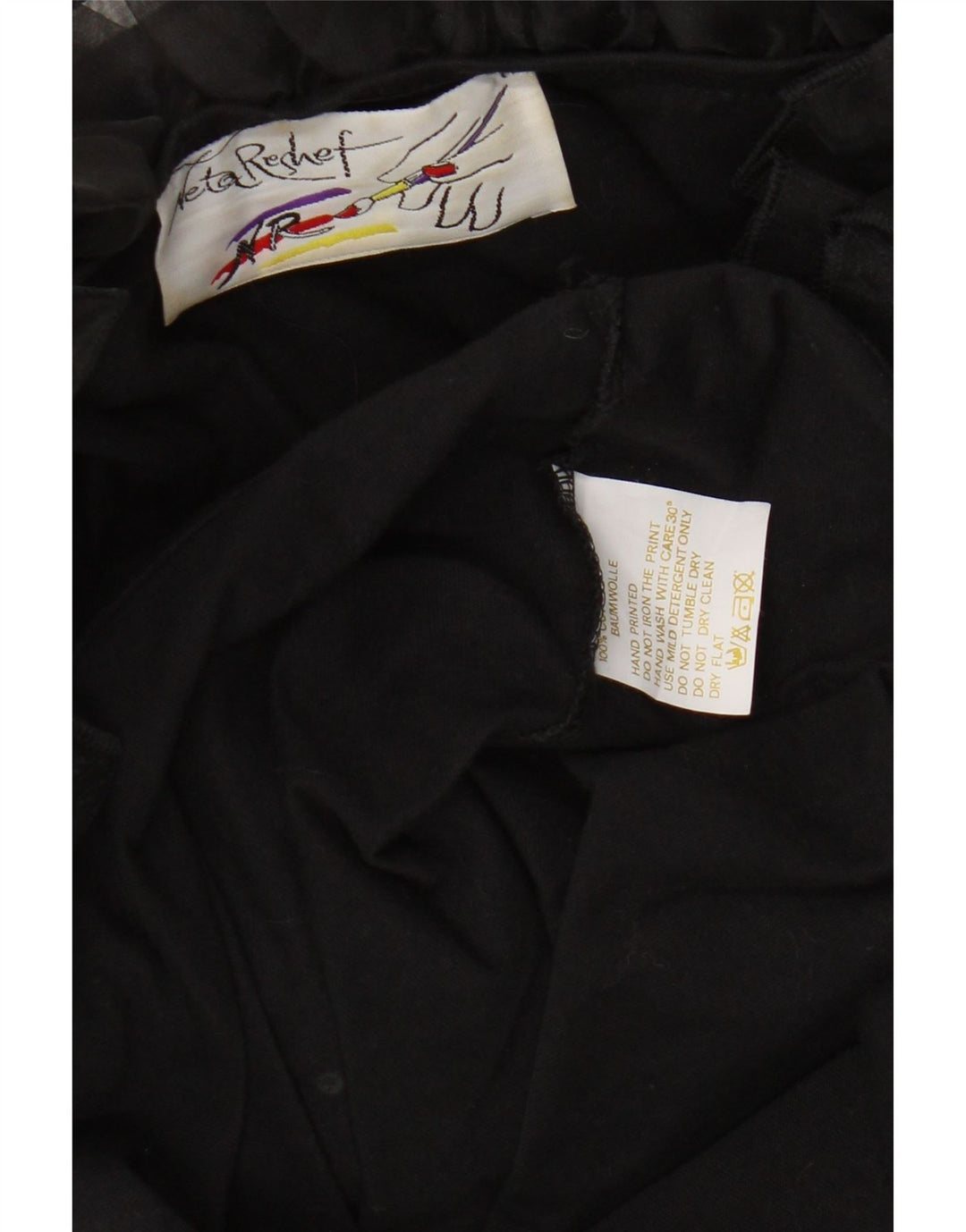 Top tunica a maniche lunghe da donna vintage con volant sul davanti UK 16 grande cotone nero