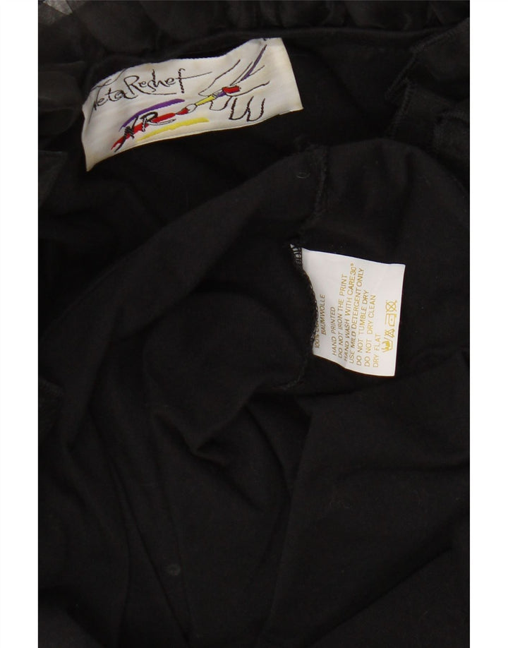 Top tunica a maniche lunghe da donna vintage con volant sul davanti UK 16 grande cotone nero