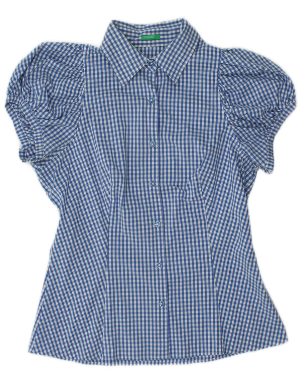 BENETTON Camicia a maniche corte da donna Camicetta UK 12 Blu medio a quadretti