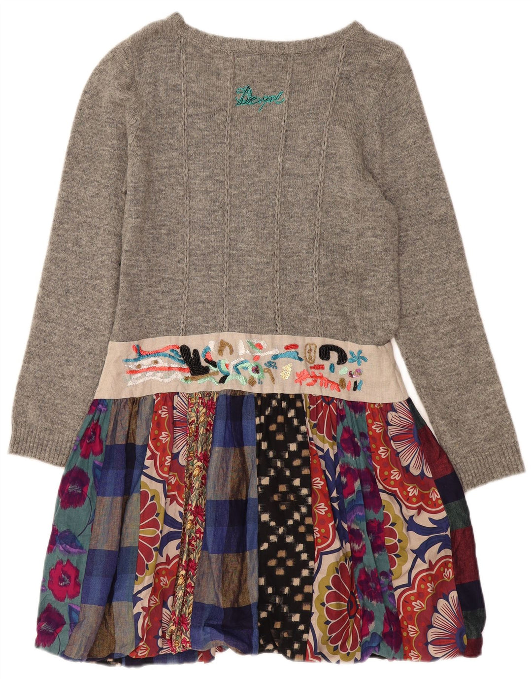 DESIGUAL Abito maglione da donna a maniche lunghe EU 44 XL Lino patchwork grigio