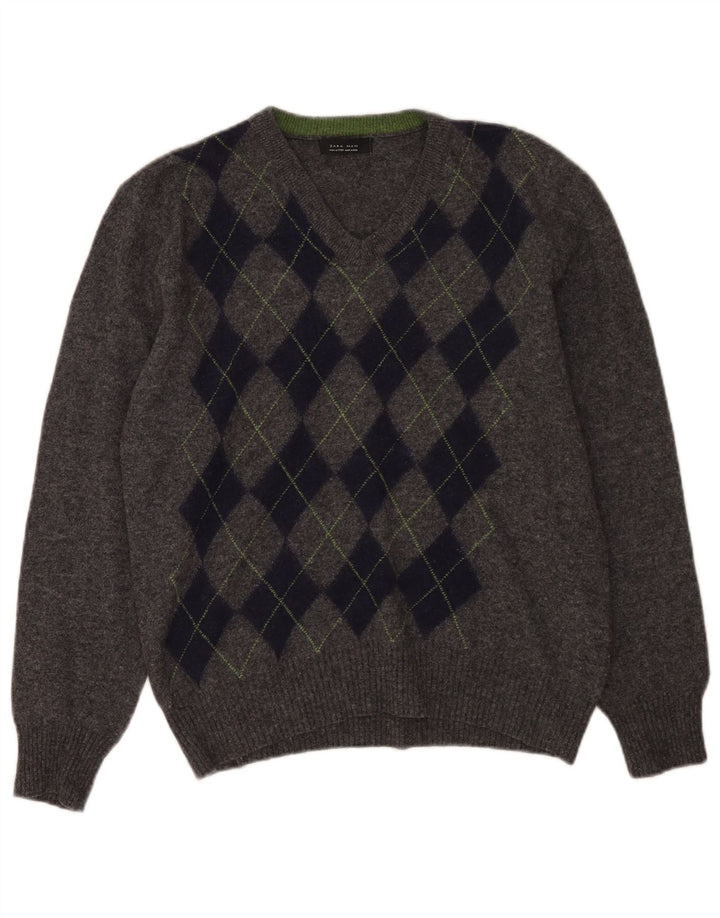 Maglione Zara da uomo con scollo a V grigio medio a rombi/diamante
