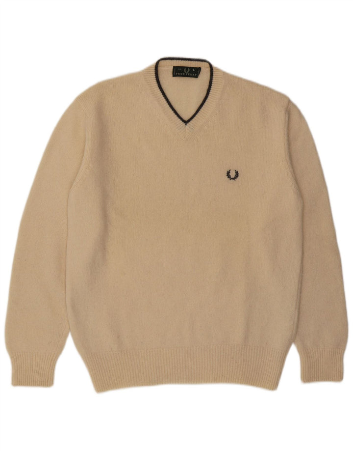 Maglione da uomo con scollo a V Fred Perry, grande, in lana beige