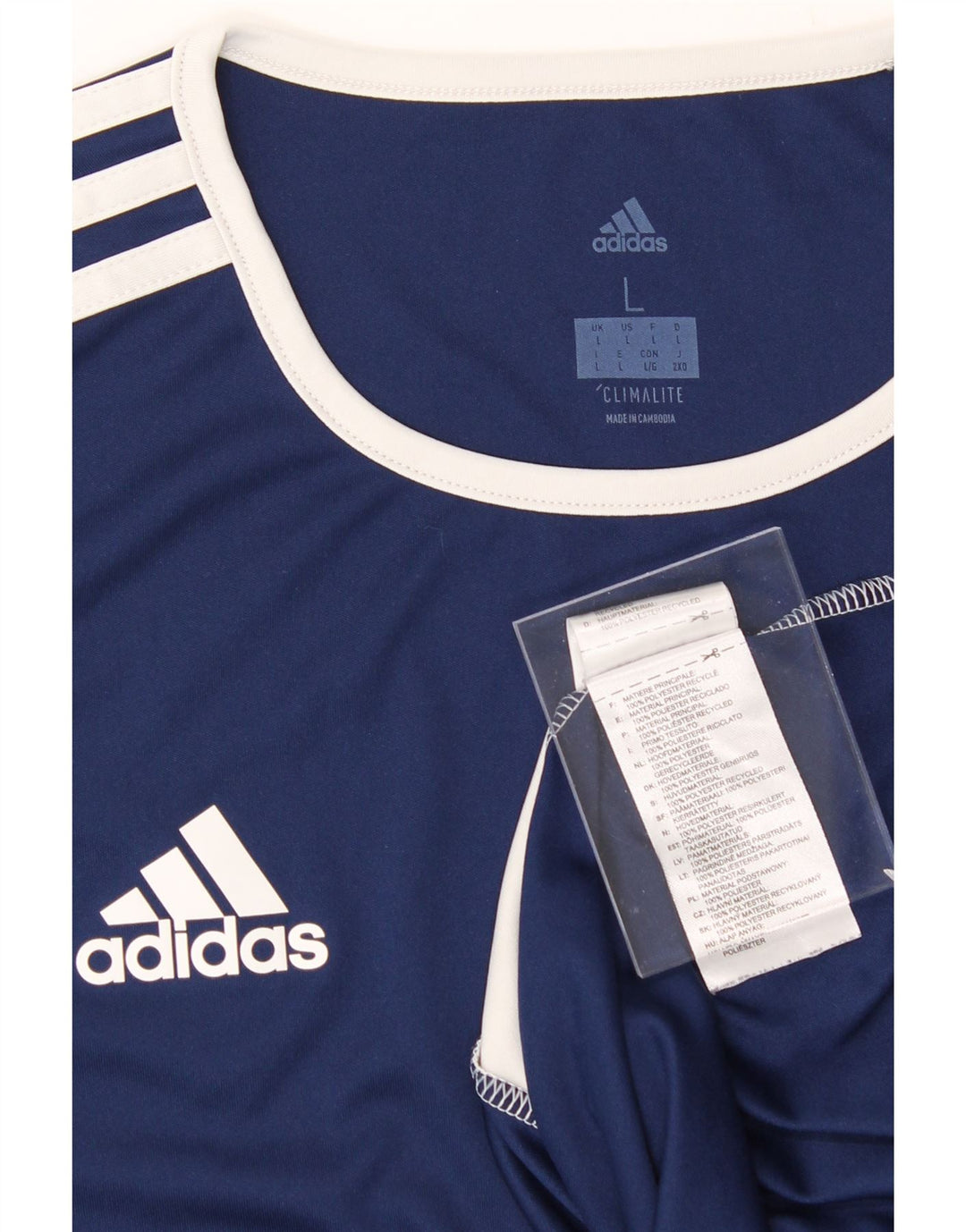 ADIDAS Mens Climalite T-Shirt Top Large Navy Blue Colourblock Polyester Vintage Adidas and Second-Hand Adidas from Messina Hembry 