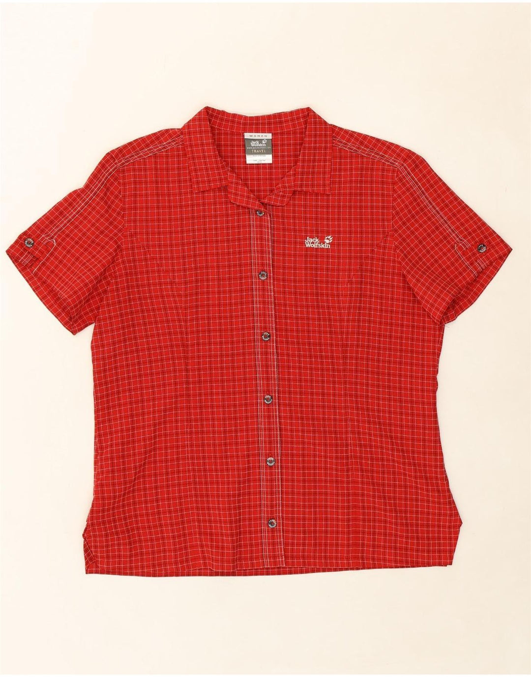 JACK WOLFSKIN Womens Short Sleeve Shirt UK 14/16 Large Red Check Polyester Vintage Jack Wolfskin and Second-Hand Jack Wolfskin from Messina Hembry 