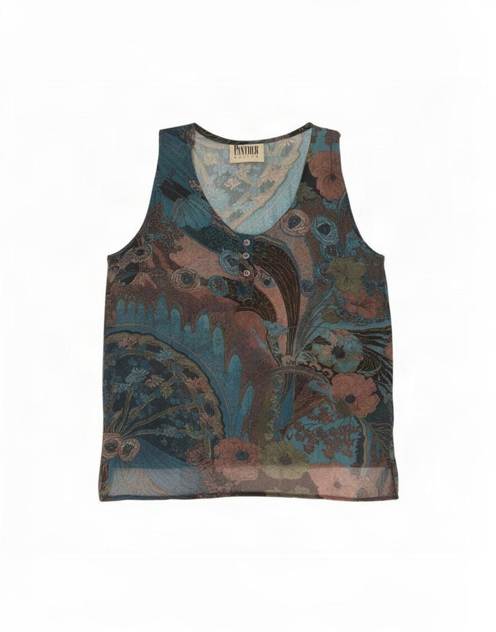 Top camicetta da donna vintage UK 14 floreale multicolore medio