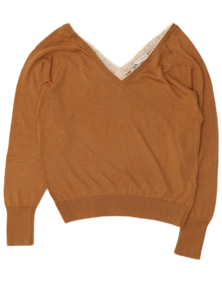 Maglione Zara da donna con scollo a V UK 10 piccolo Lyocell marrone
