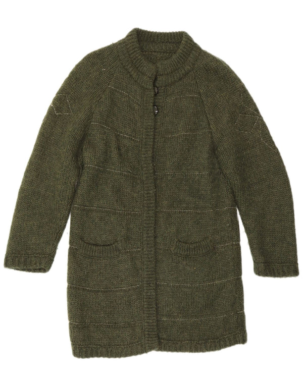 Maglione cardigan lungo da donna vintage UK 10 piccolo verde geometrico