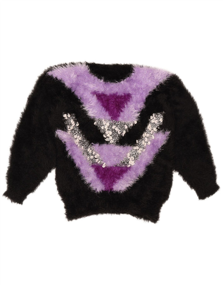 Maglione maglione girocollo da donna VINTAGE UK 14 blocco colore nero medio