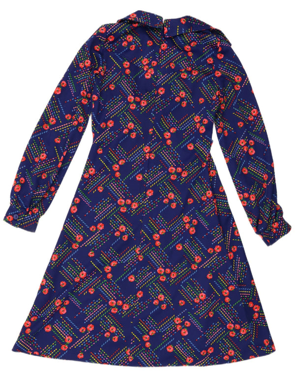 Abito a trapezio a maniche lunghe da donna vintage UK 14 floreale blu medio