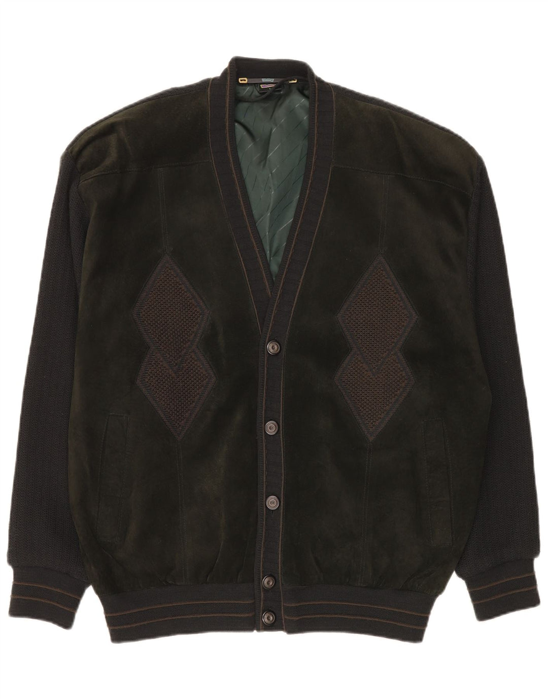 WESTBURY Maglione cardigan da uomo grande verde a rombi/acrilico diamante classico
