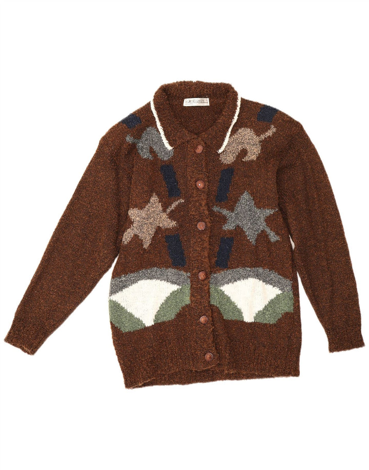 Maglione cardigan da donna vintage UK 16 grande marrone geometrico
