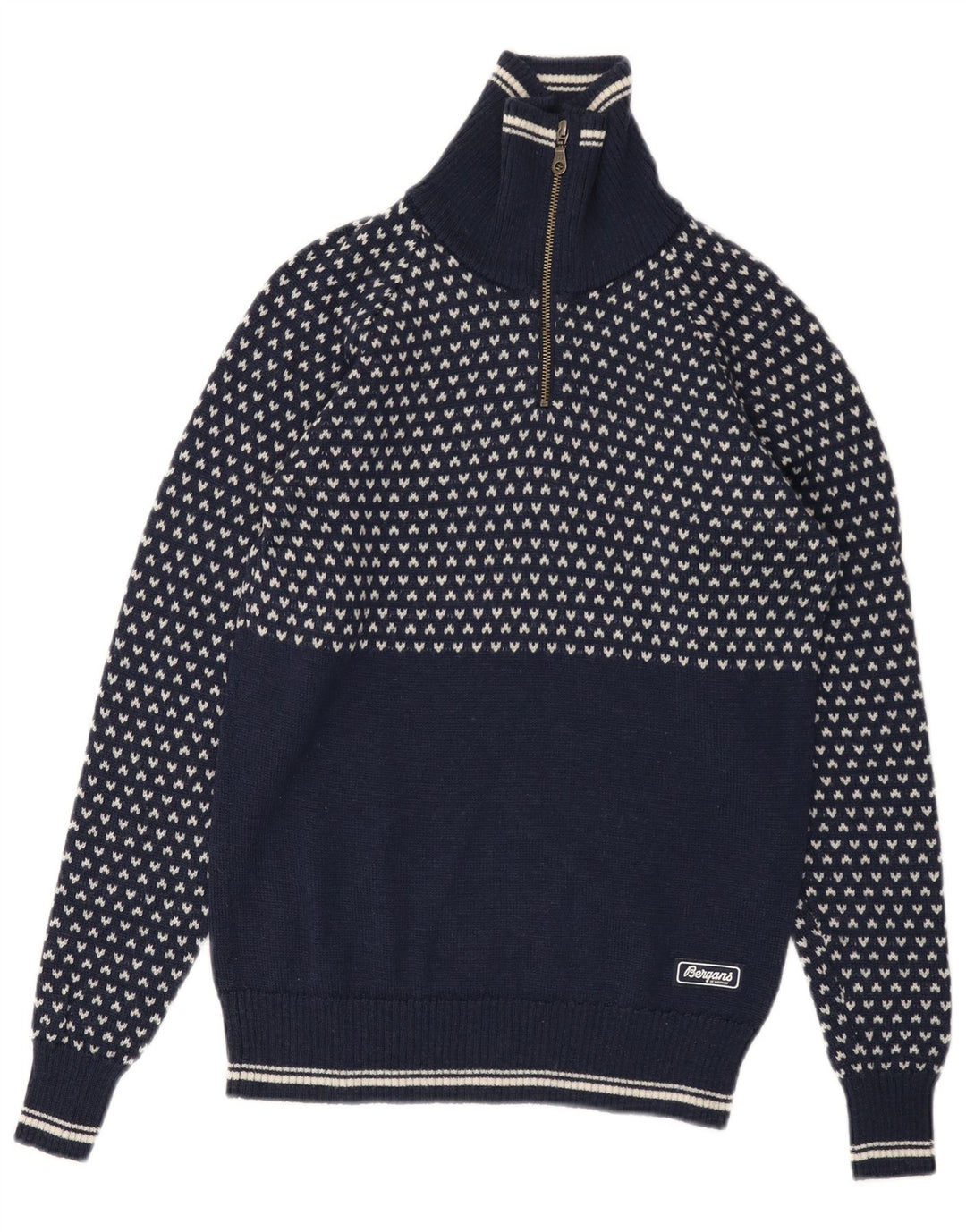 BERGANS Maglione da uomo con zip e collo XS in lana geometrica blu navy