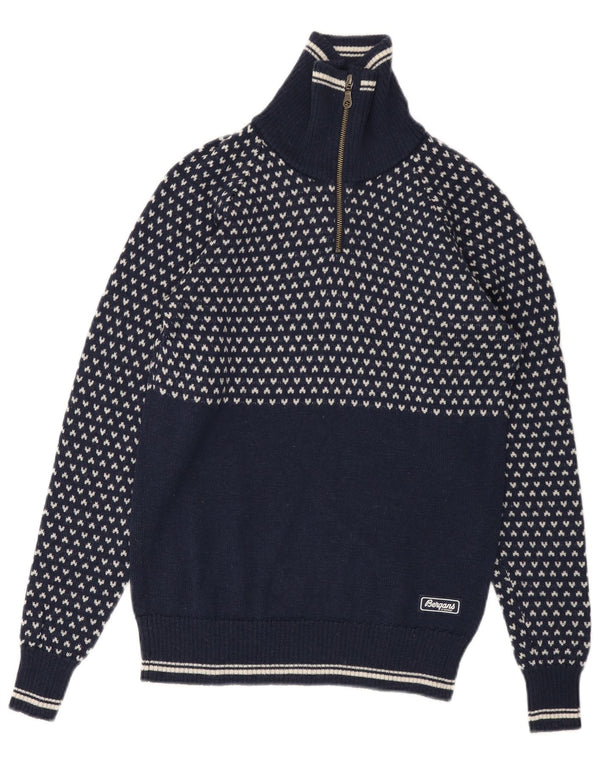 BERGANS Maglione da uomo con zip e collo XS in lana geometrica blu navy