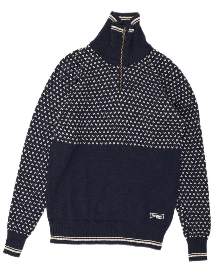BERGANS Maglione da uomo con zip e collo XS in lana geometrica blu navy