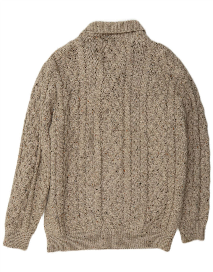 Aran Crafts Maglione da uomo con collo a scialle, grande lana screziata beige