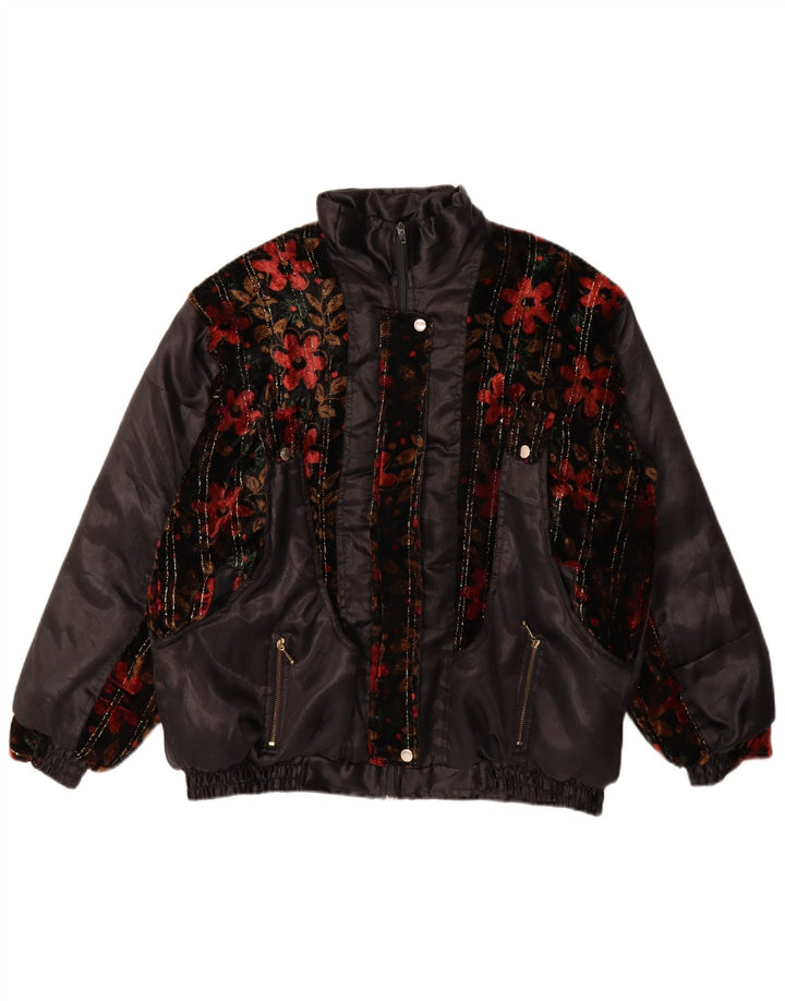 Giacca imbottita vintage da donna UK 18 XL nera floreale