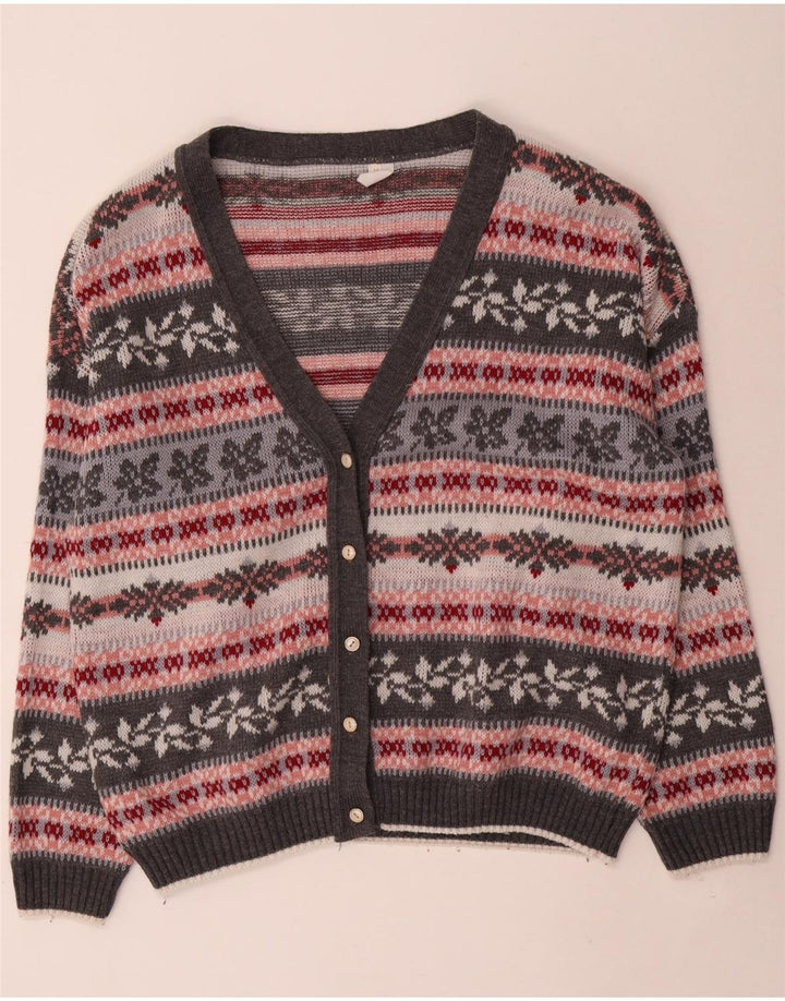 Maglione cardigan oversize da donna vintage UK 14 Acrilico a strisce grigio medio