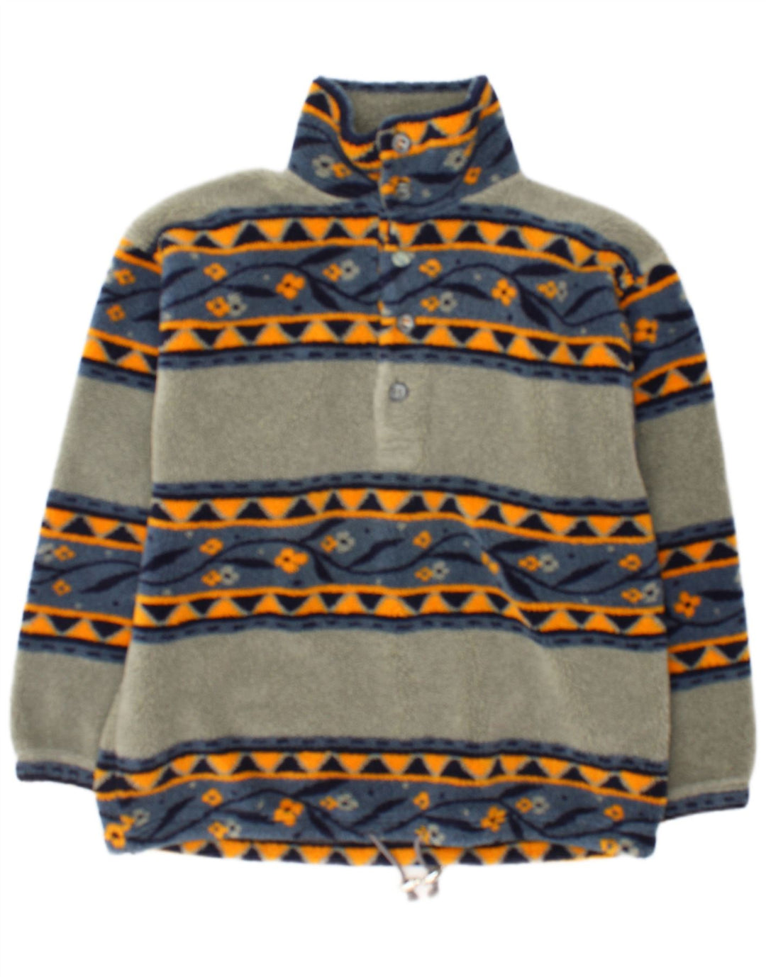 Maglione in pile da uomo vintage con collo a bottoni, grande poliestere geometrico grigio