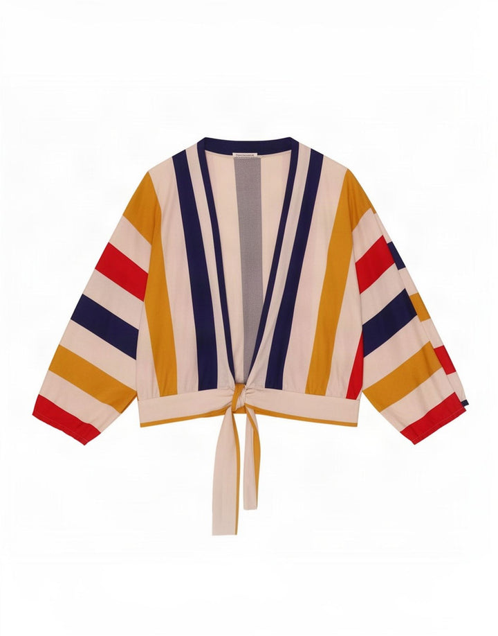 Top cardigan corto da donna vintage IT 46 grande a righe multicolori